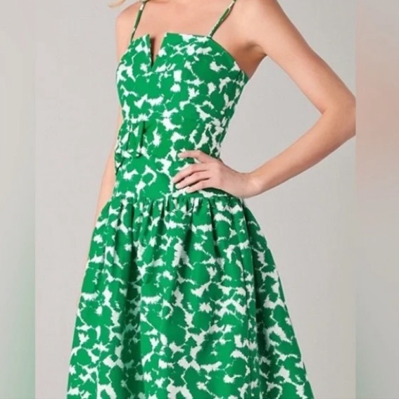 Milly Sarah Dropped Waist Belted Dress in White & Green - Picture 2 of 10